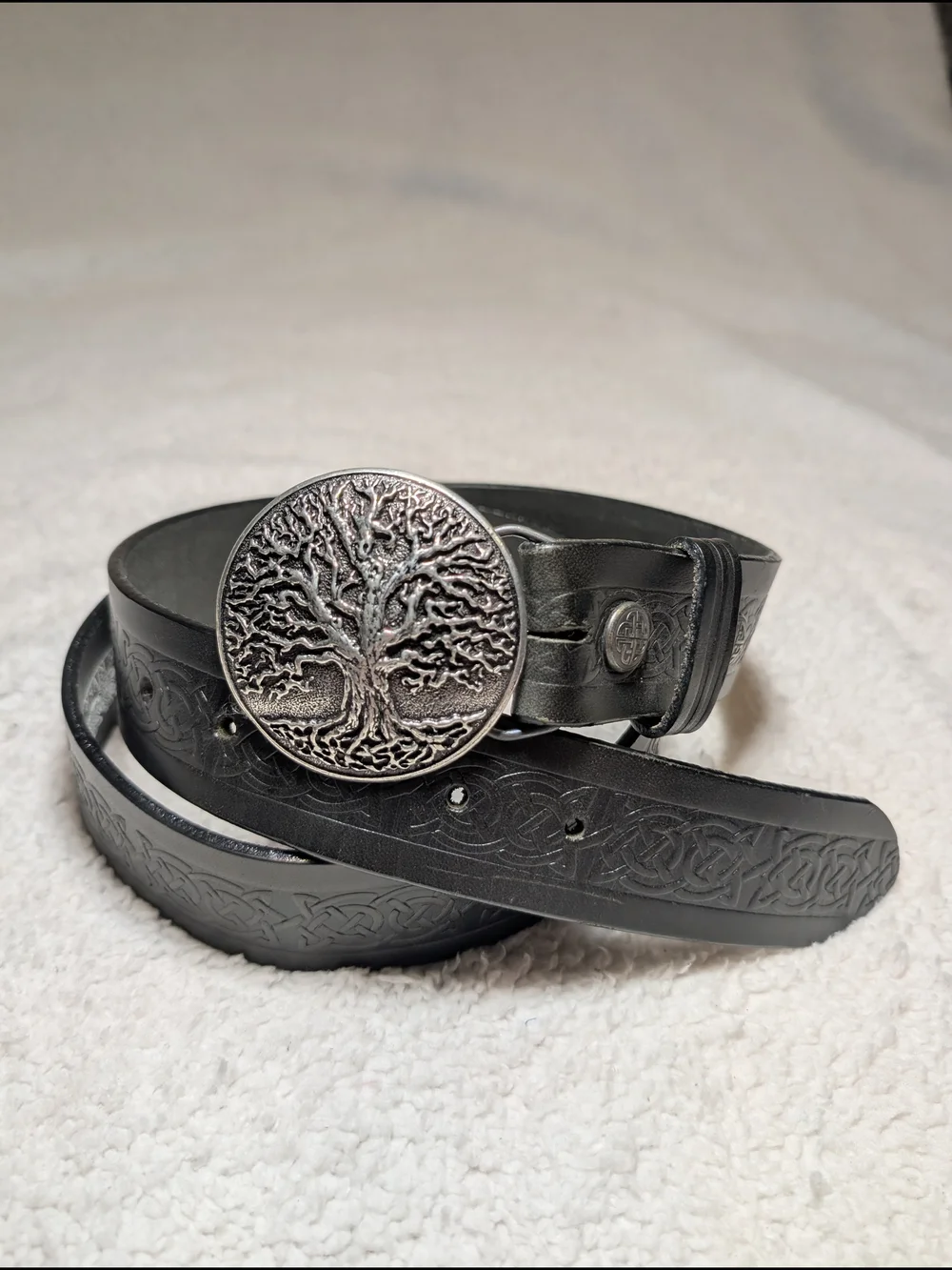 Lee River Black Leather Belt Men's LG 36/38 Tree of Life Metal Buckle Ireland